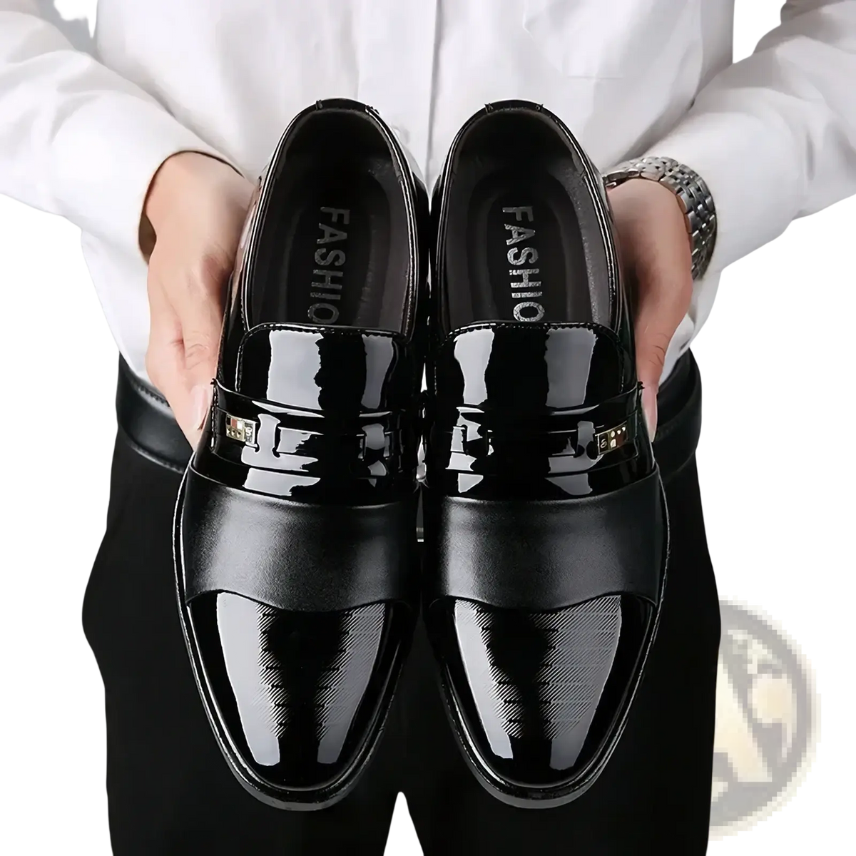Men patent leather formal oxfords in black with glossy finish and gold-tone buckle accents for elegant wear