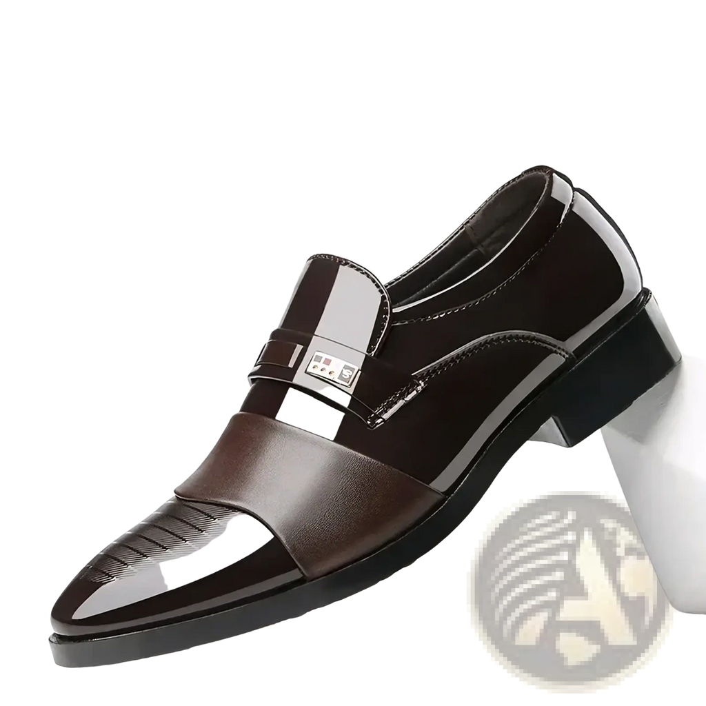 Men patent leather formal oxfords in black patent and matte brown leather with silver-toned rectangular buckle