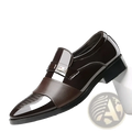Men patent leather formal oxfords in black patent and matte brown leather with silver-toned rectangular buckle