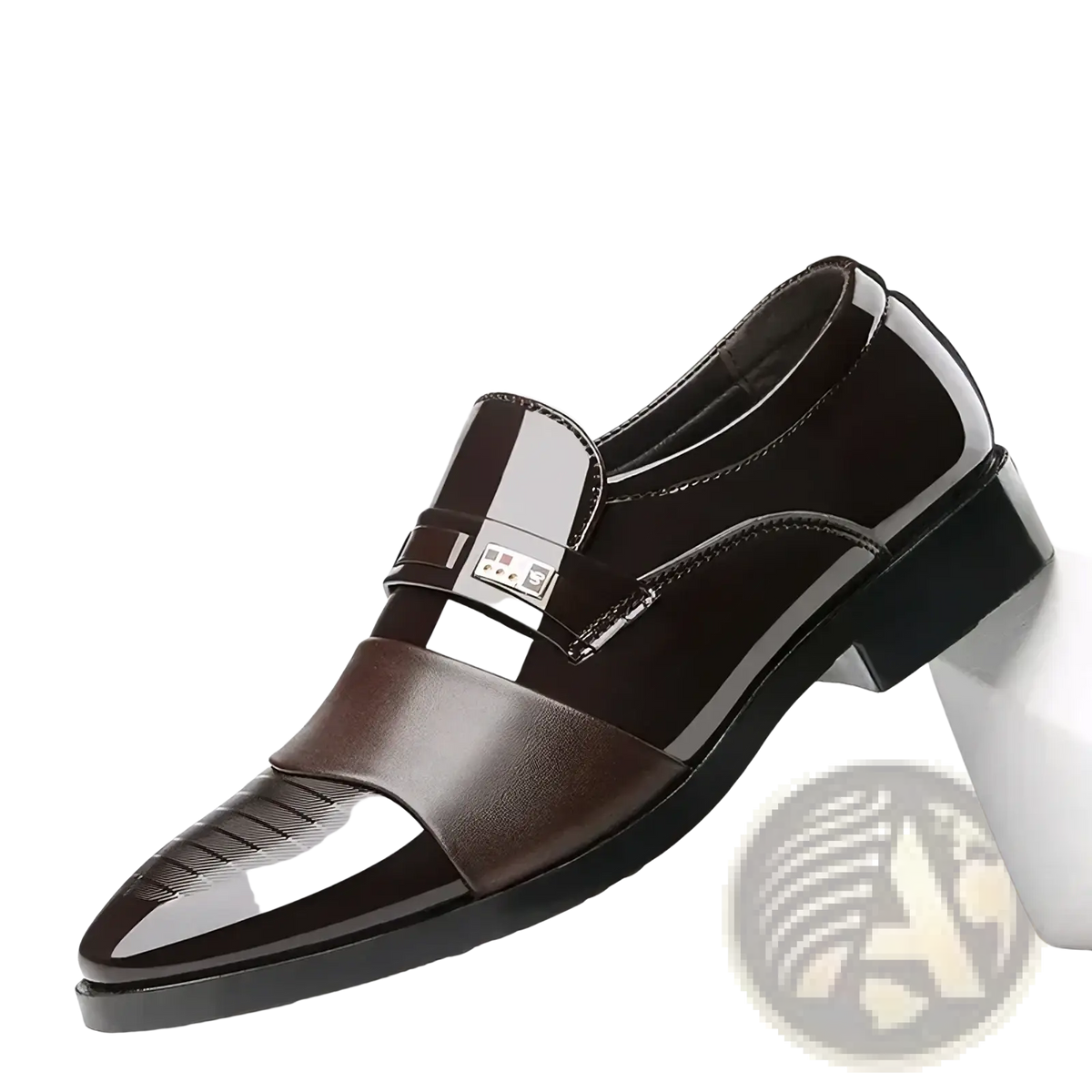 Men patent leather formal oxfords in black patent and matte brown leather with silver-toned rectangular buckle