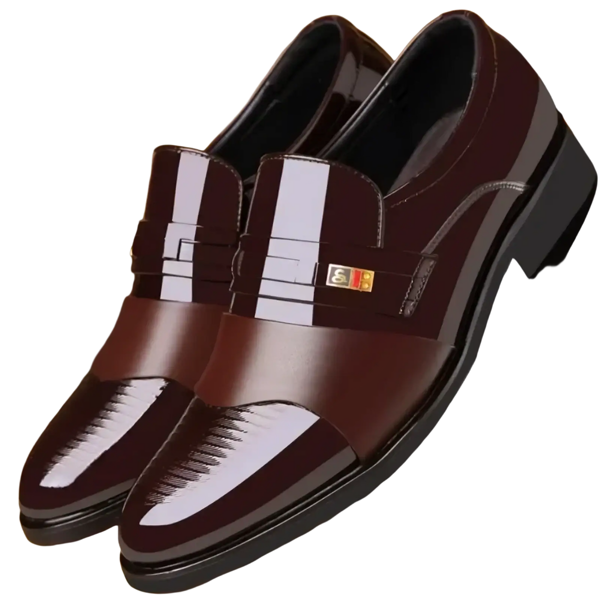 Men patent leather formal oxfords in burgundy slip-on design with glossy finish and white stripes across the vamp