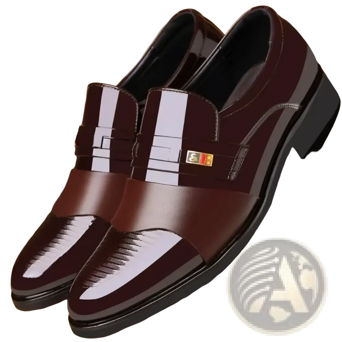 Men patent leather formal oxfords in burgundy slip-on design with glossy finish and white stripes across the vamp