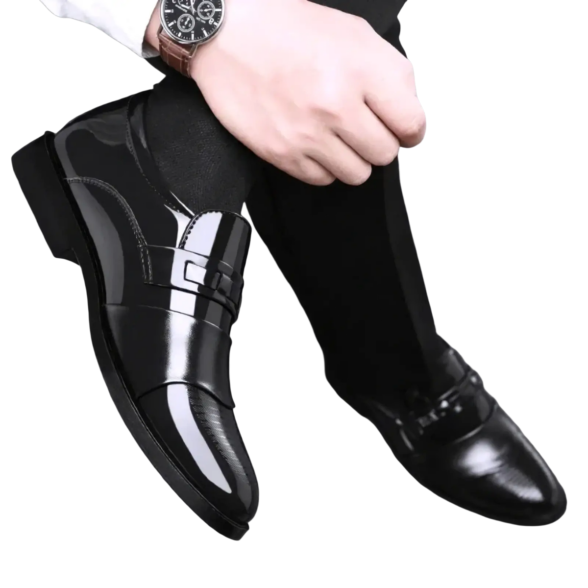 Men patent leather formal oxfords in shiny black with slip-on design and subtle white accent stripe for dress wear