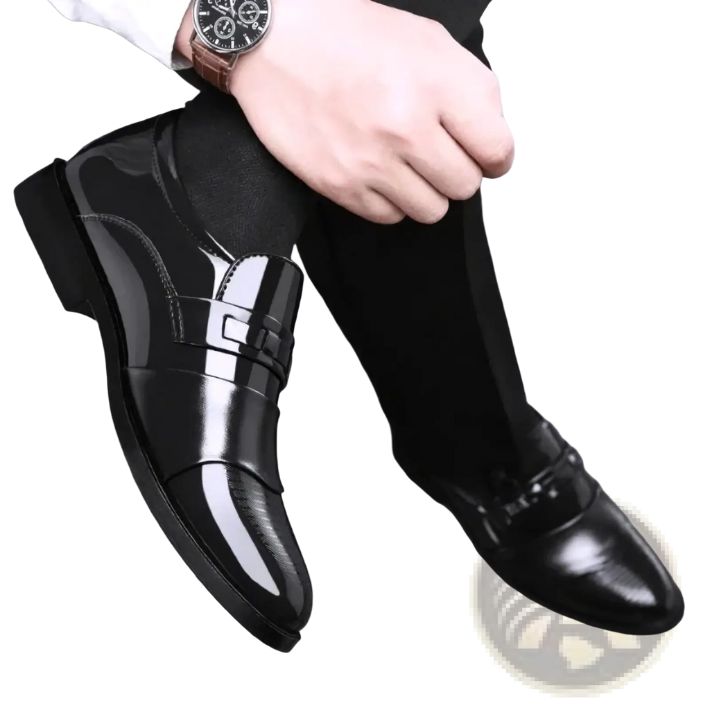 Men patent leather formal oxfords in shiny black with slip-on design and subtle white accent stripe for dress wear