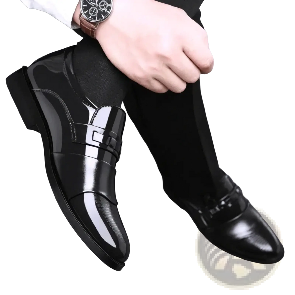Men patent leather formal oxfords in shiny black with slip-on design and subtle white accent stripe for dress wear