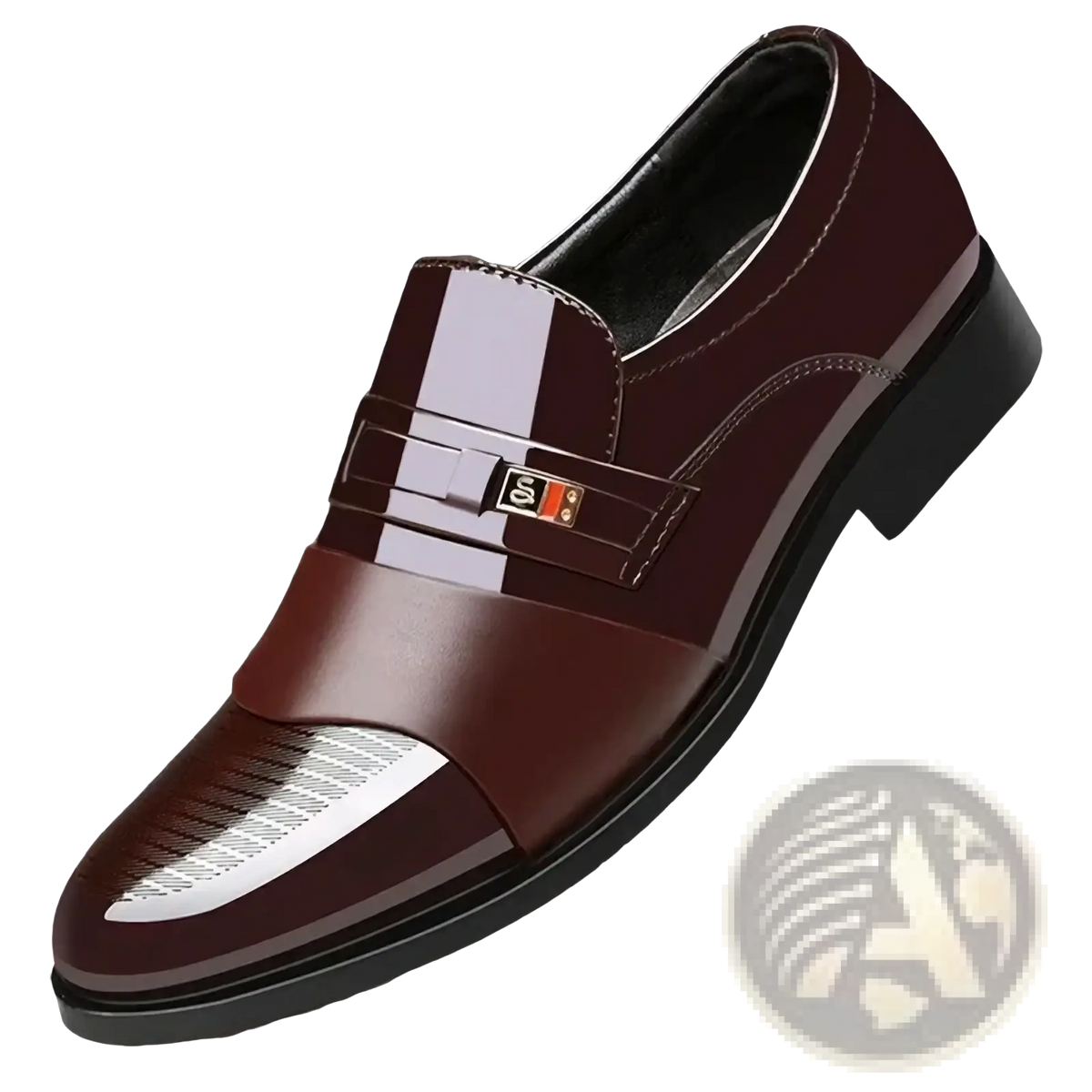 Men patent leather formal oxfords in shiny burgundy slip-on style with metallic accent and textured toe cap