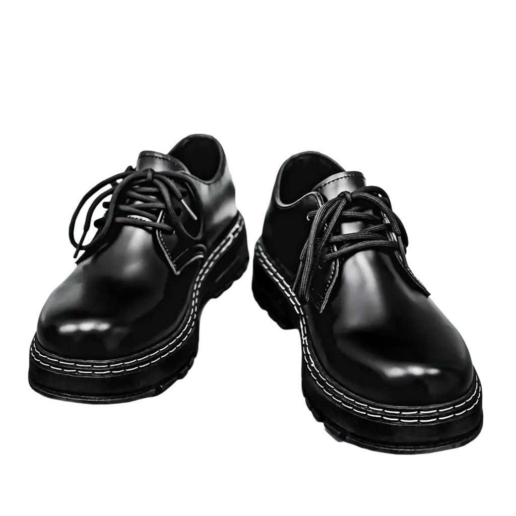 Men patent leather platform Oxford shoes in black with white stitching and chunky rubber heels
