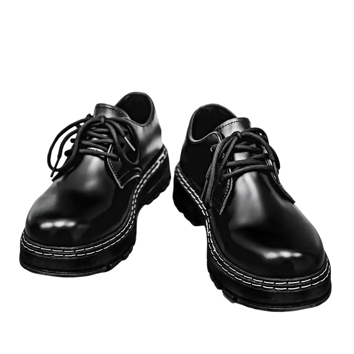 Men patent leather platform Oxford shoes in black with white stitching and chunky rubber heels