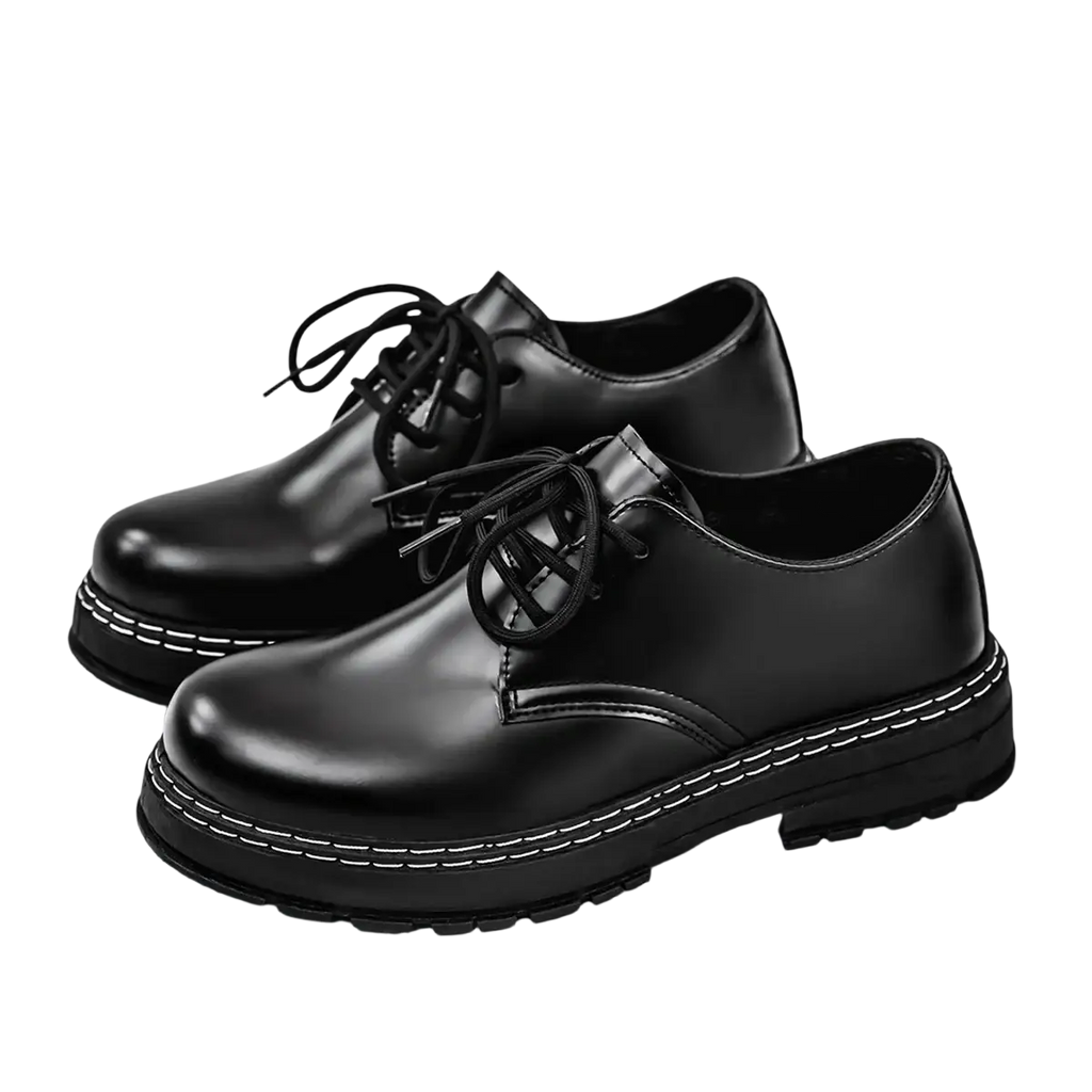Men patent leather platform oxford shoes in black with white stitching and lace-up design