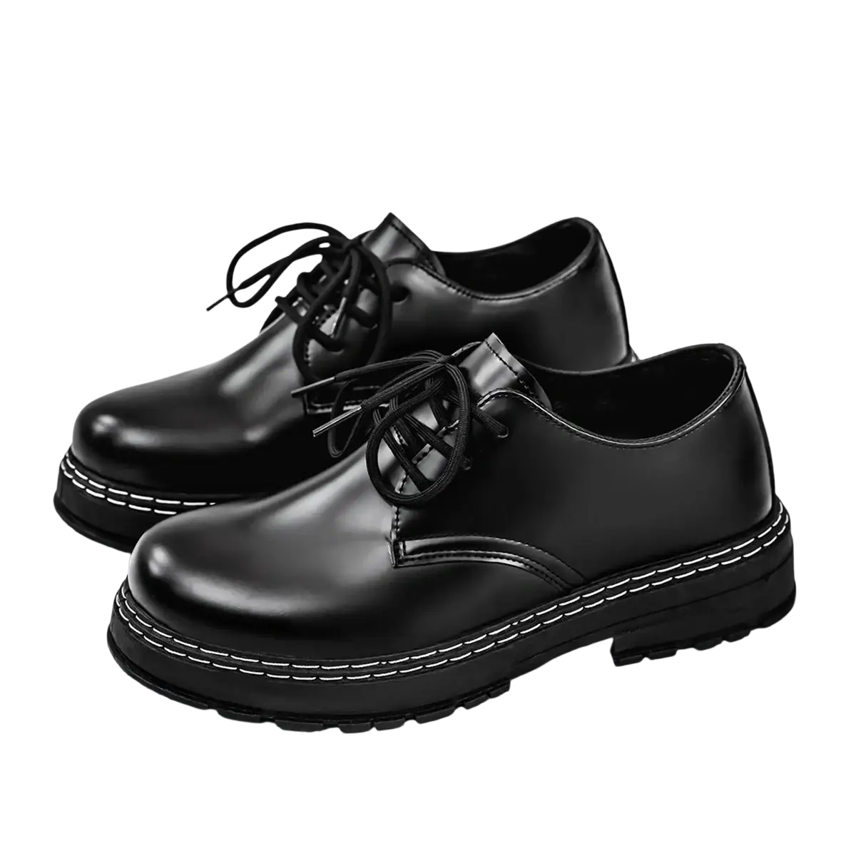 Men patent leather platform oxford shoes in black with white stitching and lace-up design