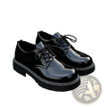 Men patent leather platform oxford shoes in black with white stitching silver eyelets and lace-up design