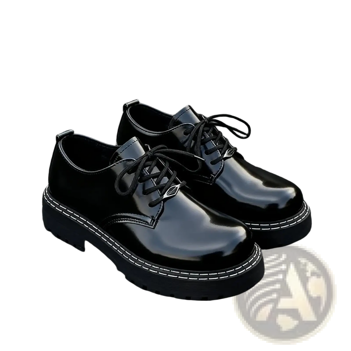 Men patent leather platform oxford shoes in black with white stitching silver eyelets and lace-up design
