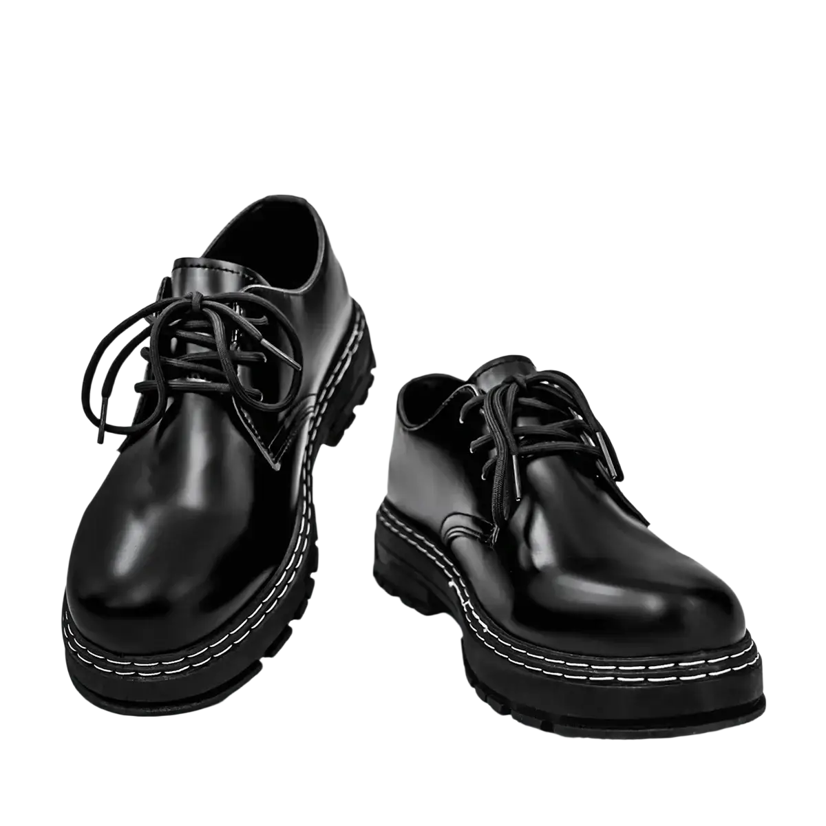 Men patent leather platform oxford shoes in black with white stitching and chunky rubber heels