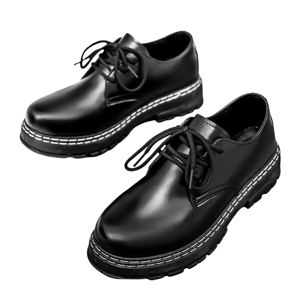 Men patent leather platform oxford shoes in black featuring lace-up design and white stitching along the sole