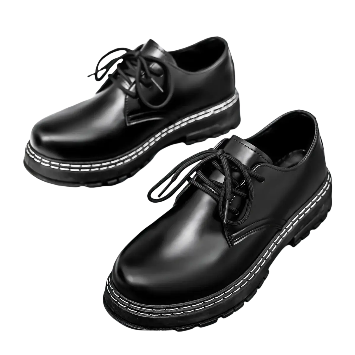 Men patent leather platform oxford shoes in black featuring lace-up design and white stitching along the sole