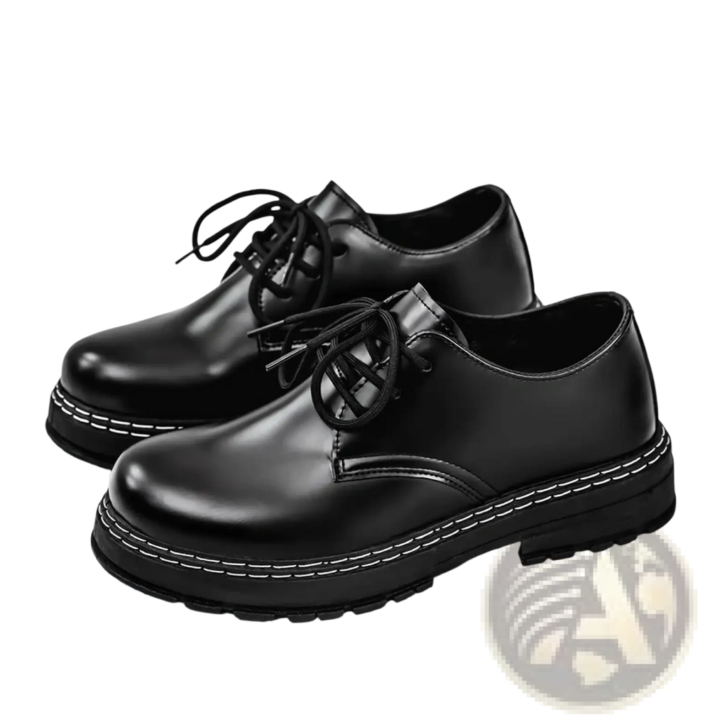Men patent leather platform oxford shoes in black with white stitching and lace-up design