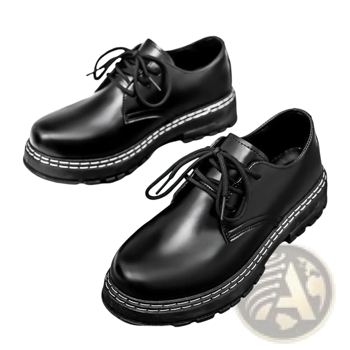 Men patent leather platform oxford shoes in black featuring lace-up design and white stitching along the sole