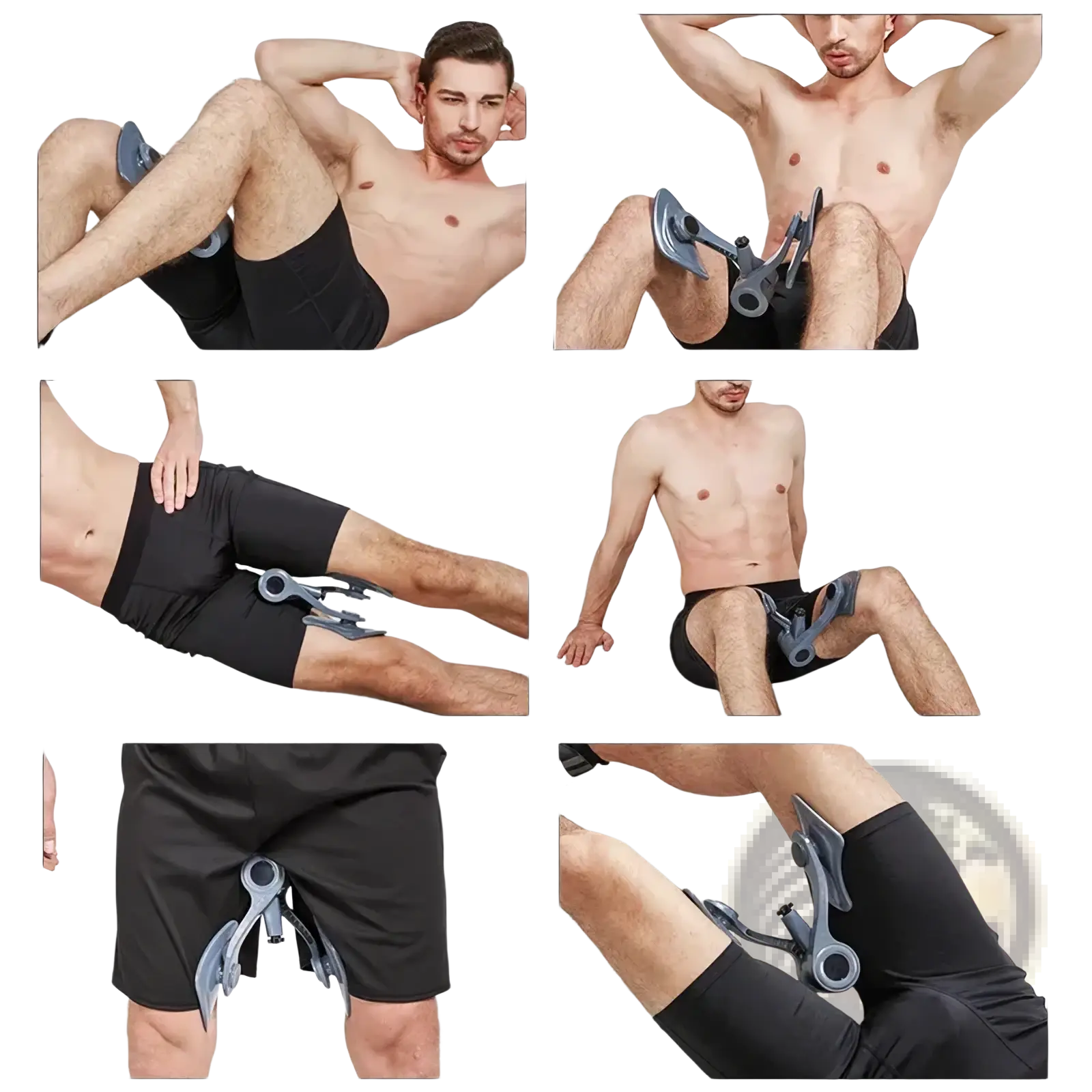 Gray plastic men pelvic muscle and glute exerciser with adjustable clamps and a central pivot for abdominal workouts