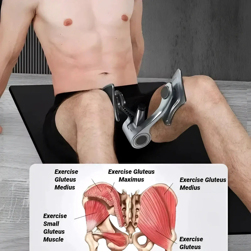 Silver metallic men pelvic muscle and glute exerciser with adjustable clamps and circular pivot points shown from back side