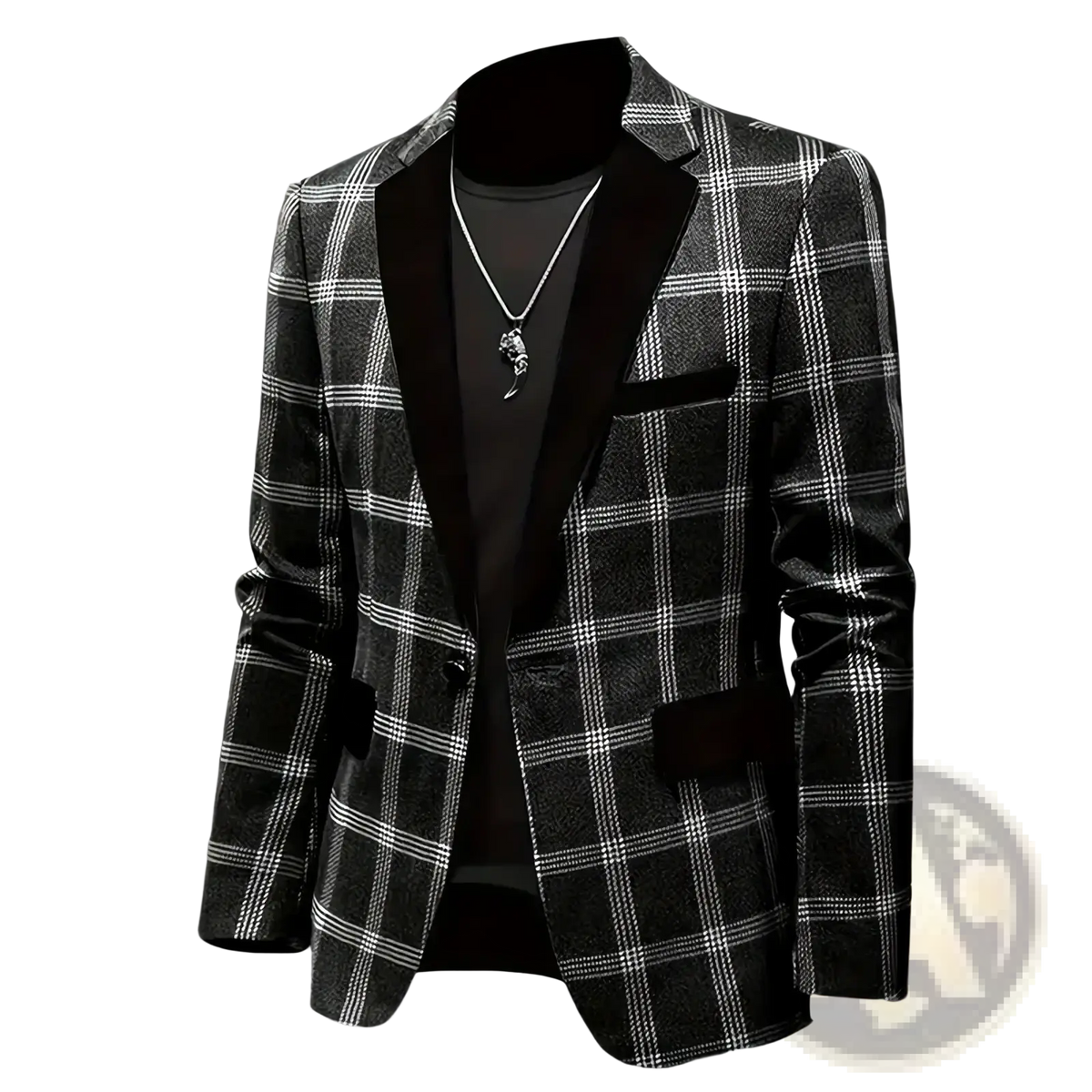 Men plaid blazer british style slim suit jacket in black and white plaid with velvet lapels for formal wear