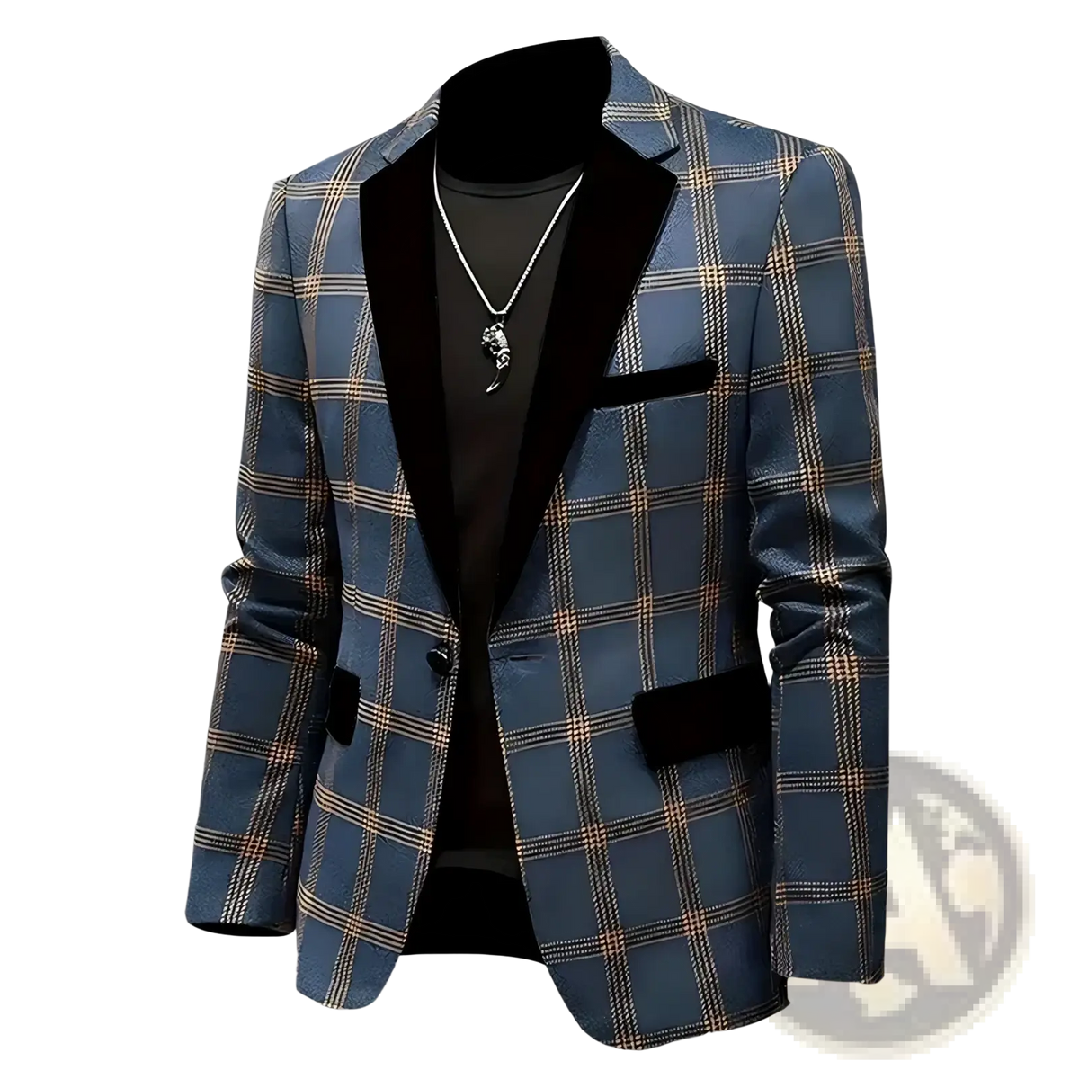 Men plaid blazer british style slim suit jacket in blue with black satin lapels and trim for formal occasions