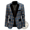 Men plaid blazer in blue and gold with black velvet lapels and pocket trim british style slim suit jacket