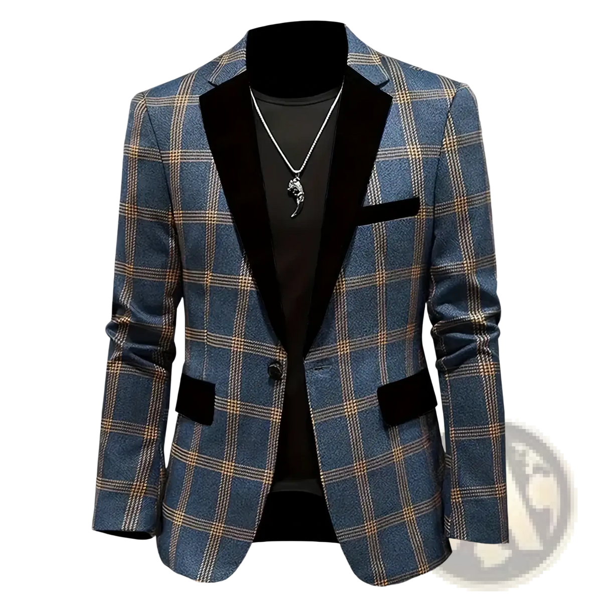 Men plaid blazer in blue and gold with black velvet lapels and pocket trim british style slim suit jacket