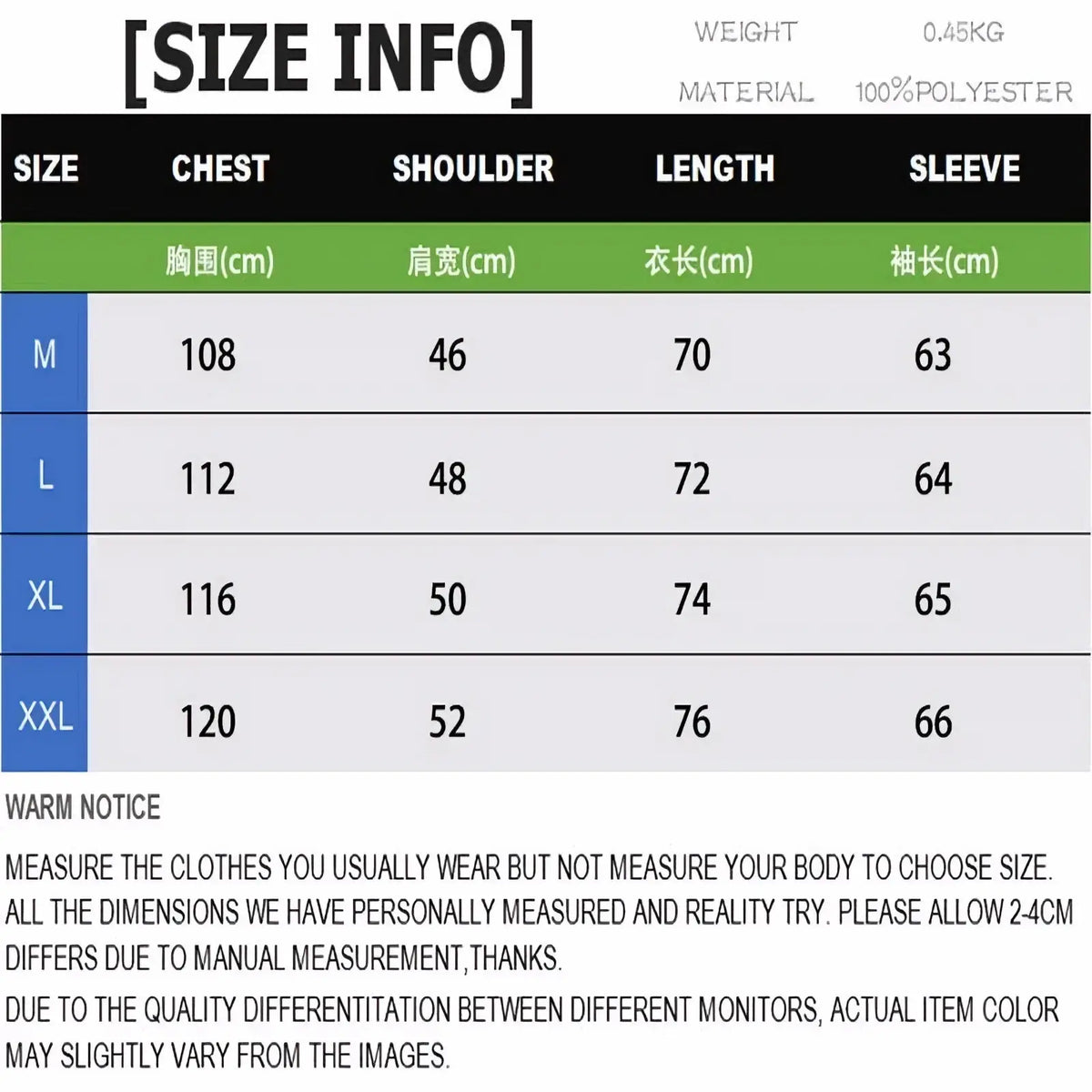 Size chart for men plaid blazer british style slim polyester suit jacket showing measurements in centimeters from m to xxl