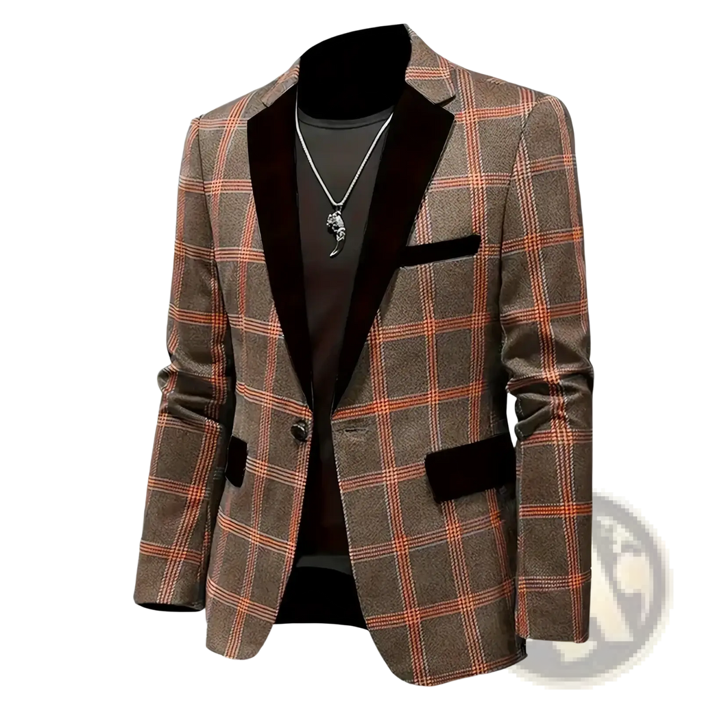 A men plaid blazer british style slim suit jacket with brown and orange plaid and black velvet lapels cuffs and pocket trim