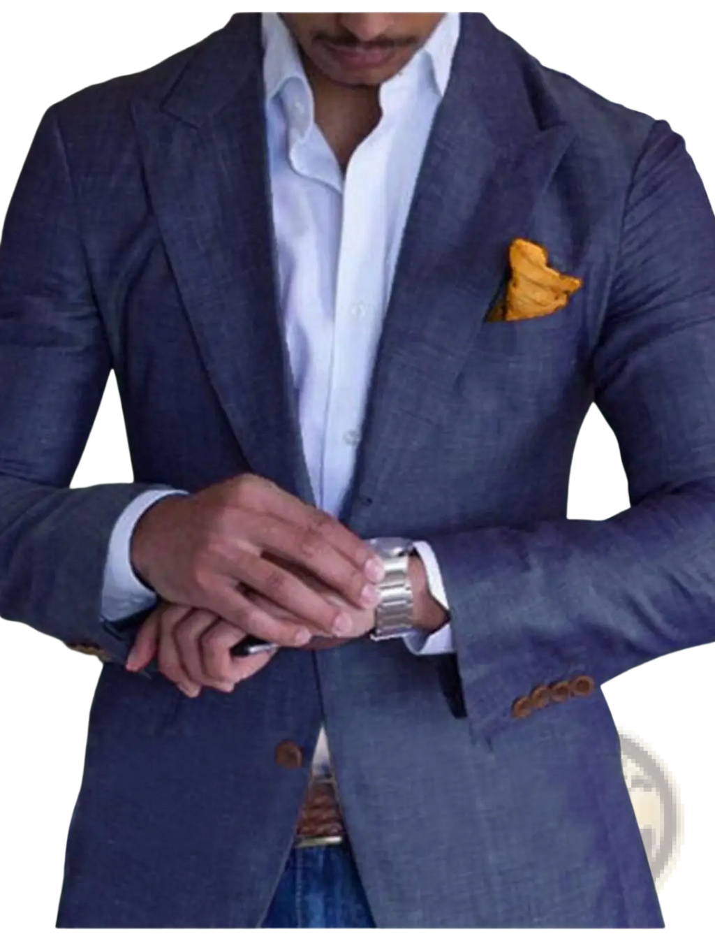 A sleek silver-toned watch with a polished metal band worn on the wrist paired with a men plaid blazer slim fit british style jacket