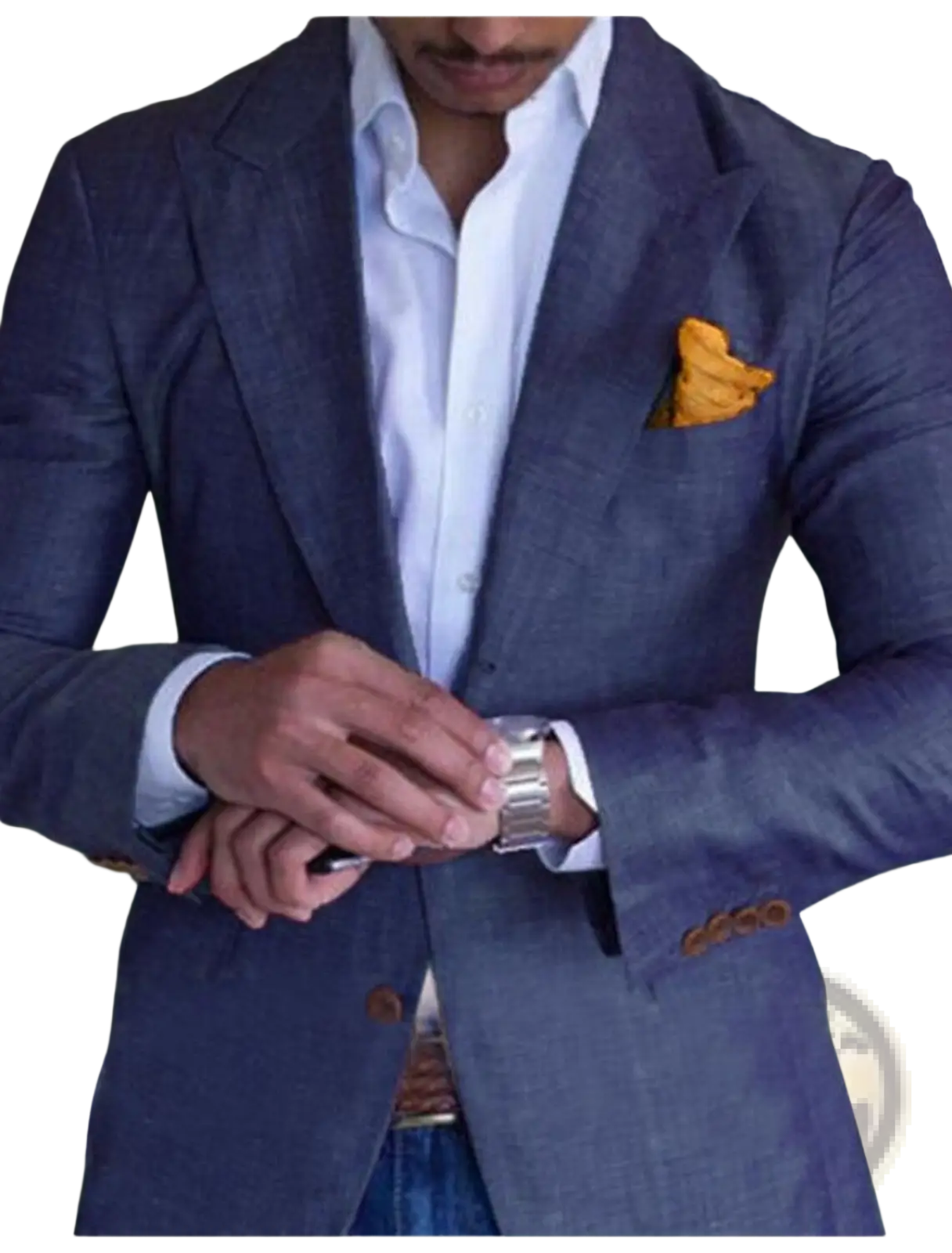 A sleek silver-toned watch with a polished metal band worn on the wrist paired with a men plaid blazer slim fit british style jacket
