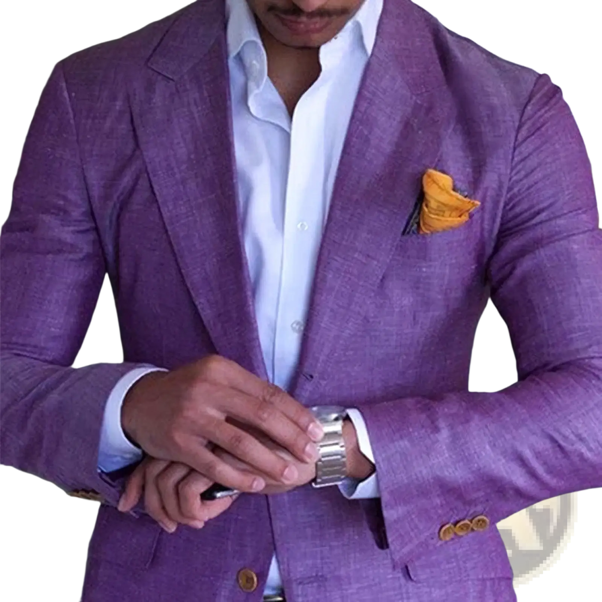 A man wearing a slim fit British style men plaid blazer in textured purple with gold buttons and an orange pocket square