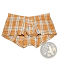 A pair of seobean men’s plaid boxer briefs in tan and white with black stripes and an elastic waistband