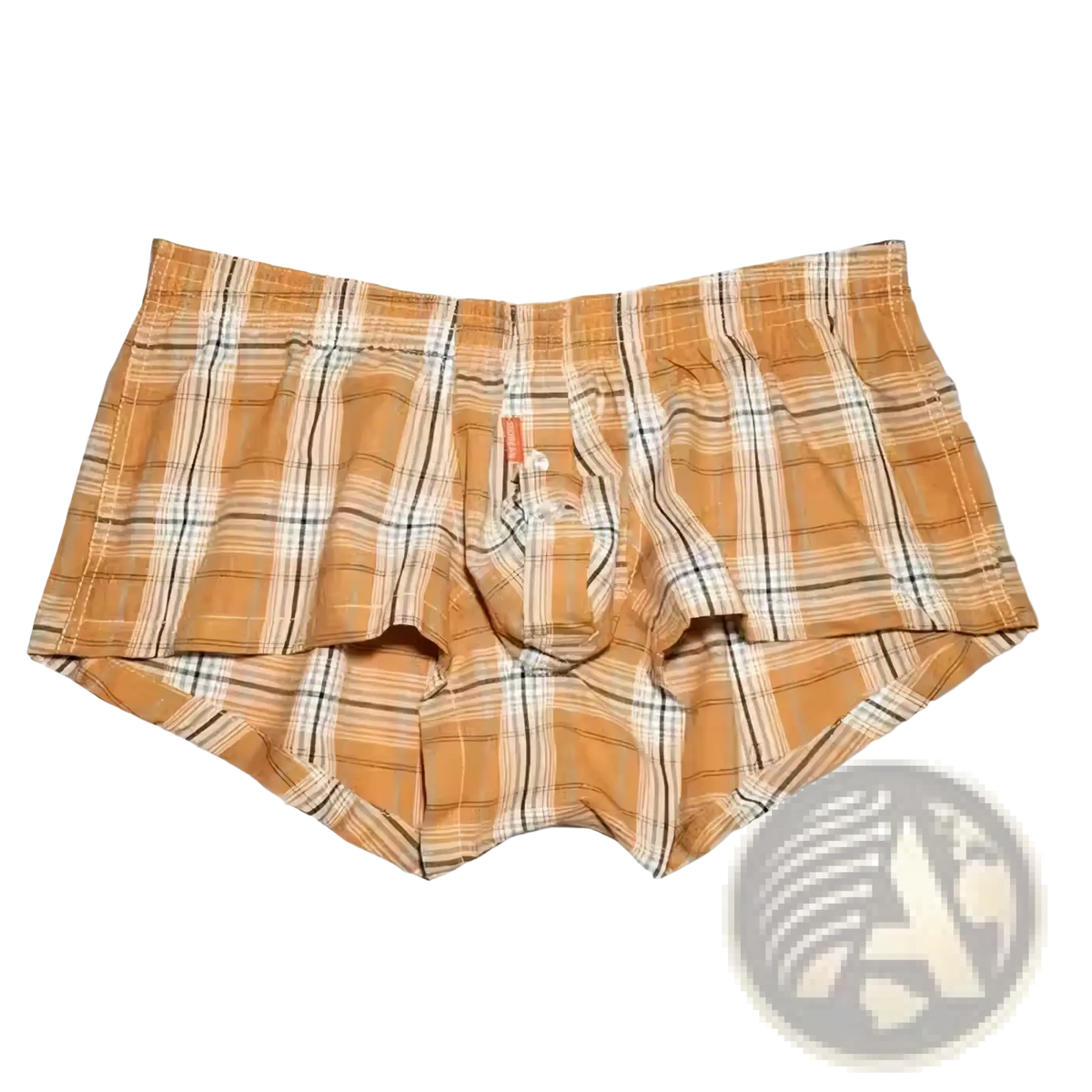 A pair of seobean men’s plaid boxer briefs in tan and white with black stripes and an elastic waistband