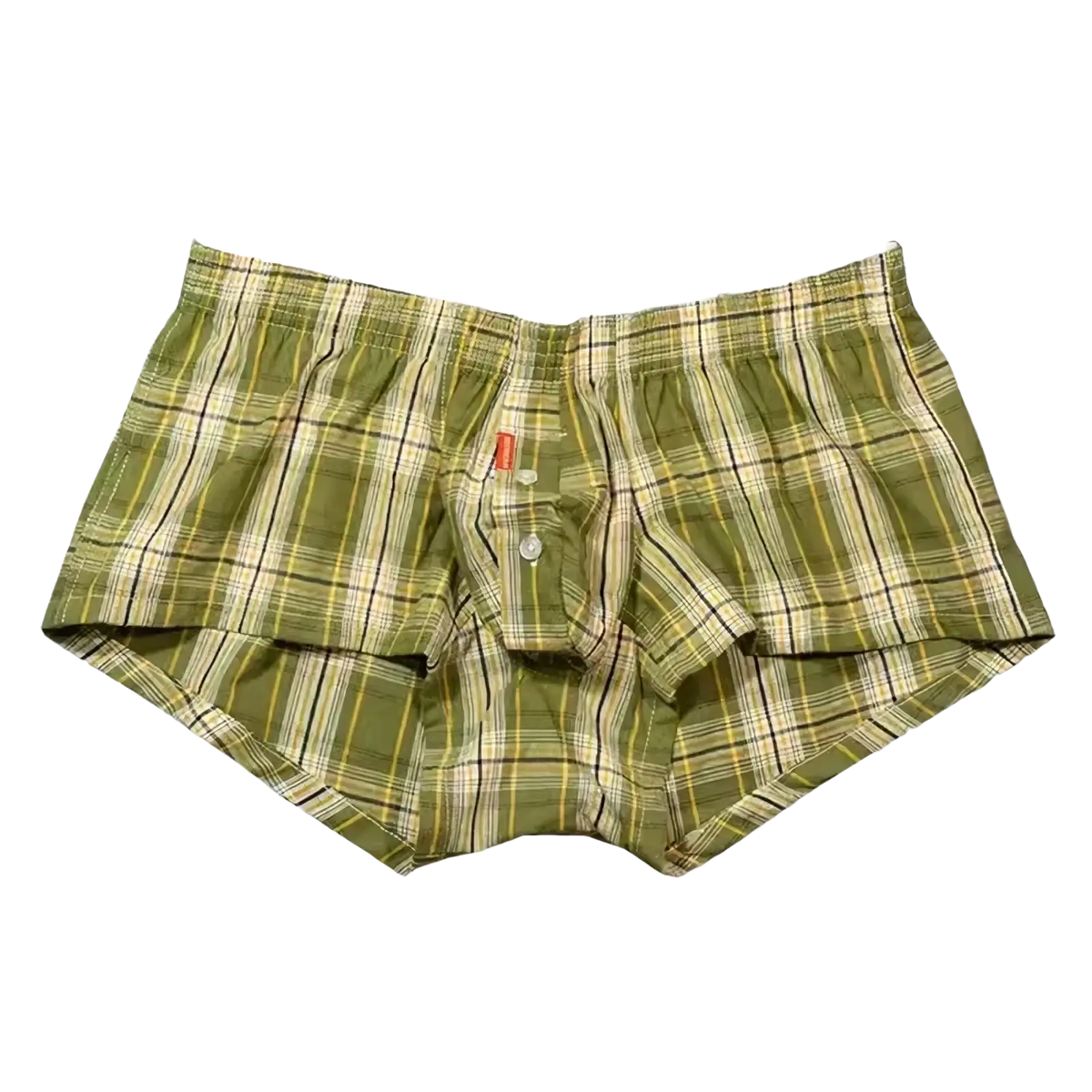 Men plaid boxer shorts lounge pants in olive green and cream plaid with button-front design for comfortable wear