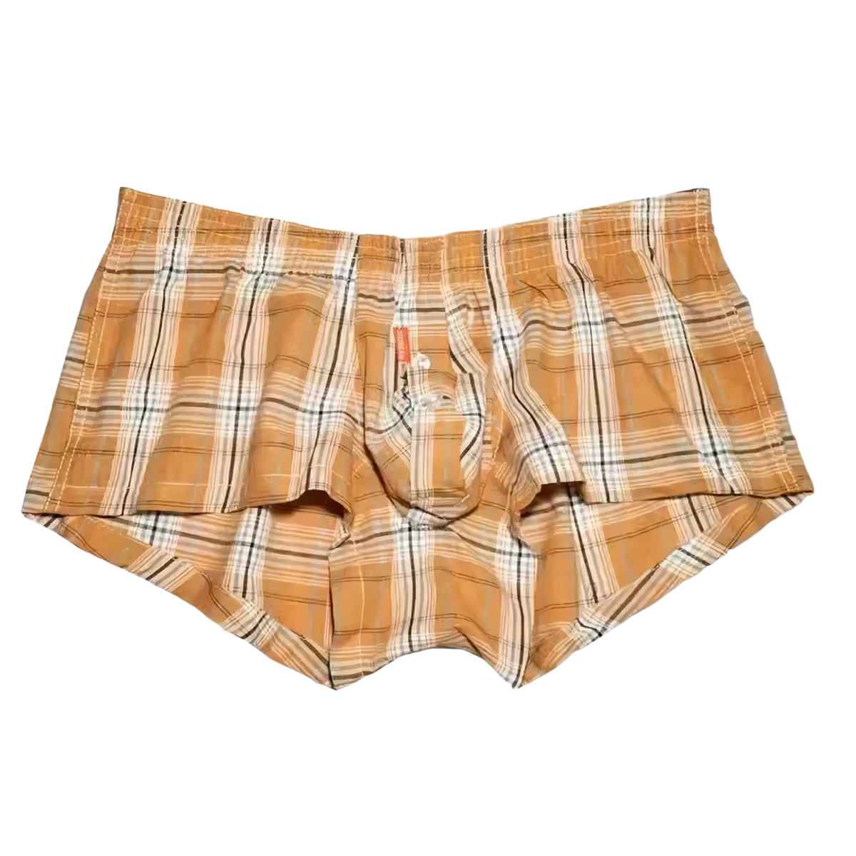 A pair of seobean men’s plaid boxer briefs in tan and white with black stripes and an elastic waistband
