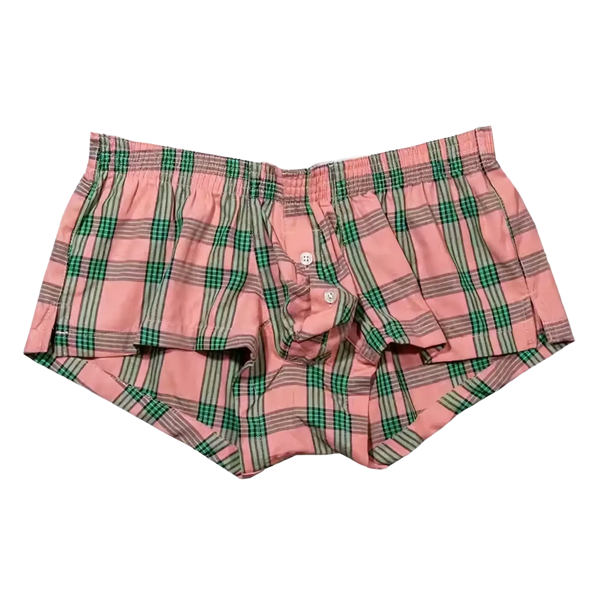 Men plaid boxer shorts lounge pants in pink and green plaid with button-front design for comfortable wear