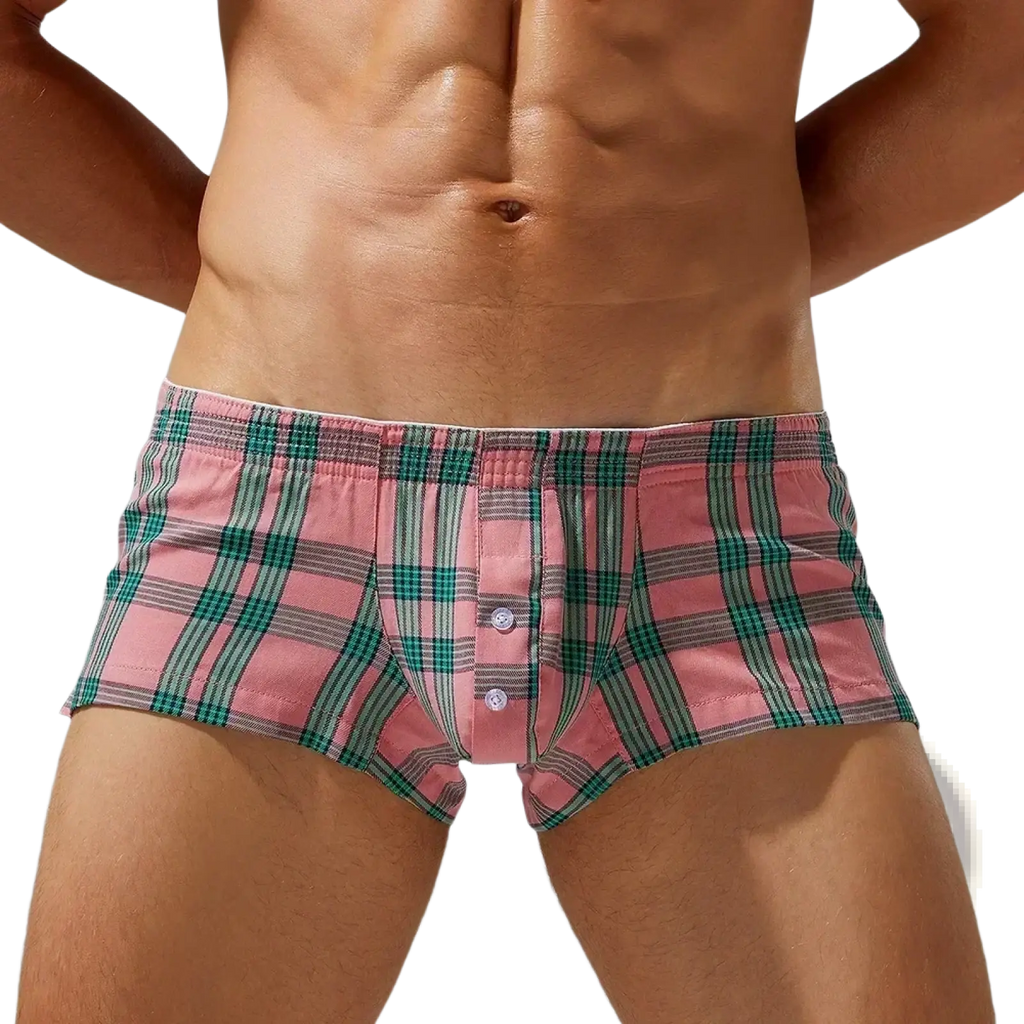 Men plaid boxer shorts lounge pants in pink and green plaid with button-front design for comfortable loungewear