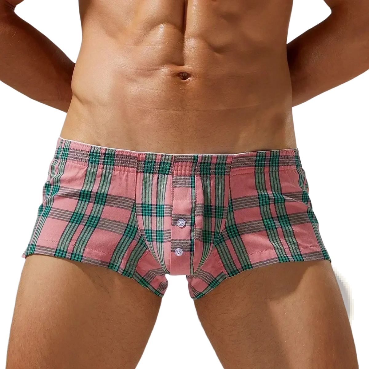 Men plaid boxer shorts lounge pants in pink and green plaid with button-front design for comfortable loungewear