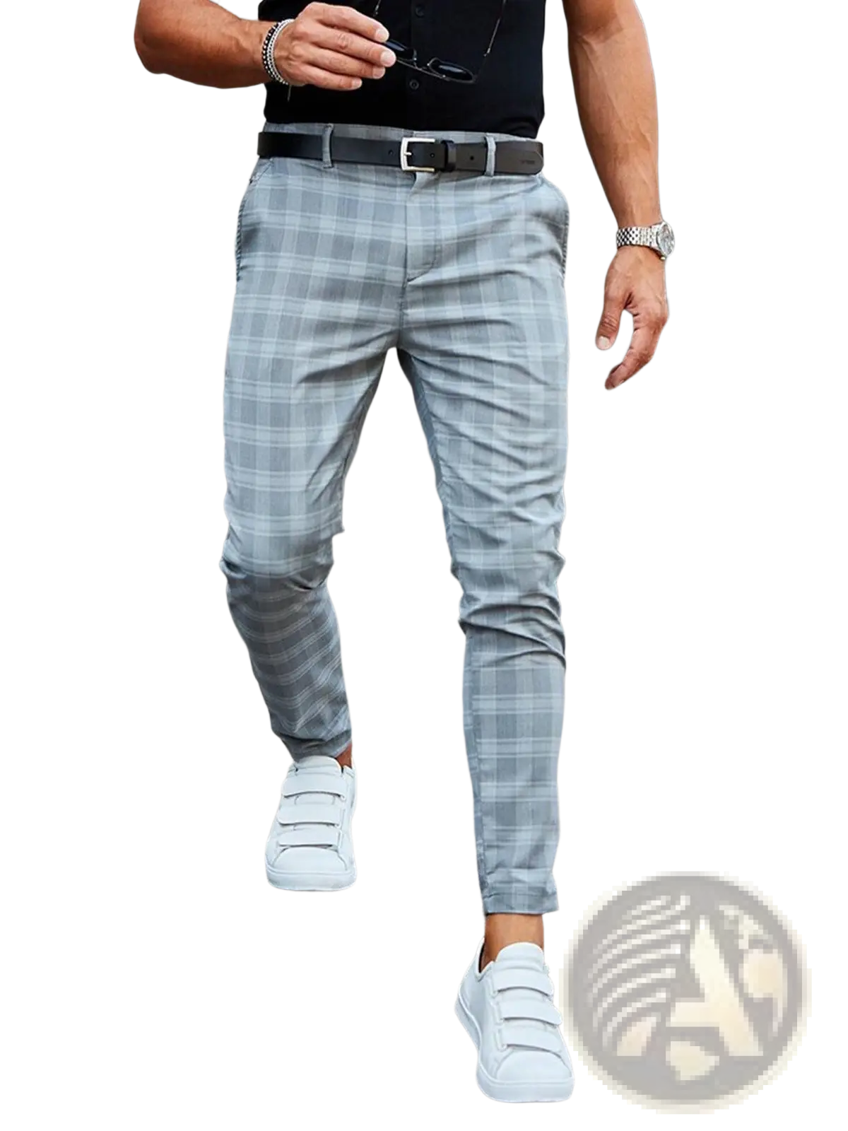 Men plaid casual trousers slim fit light gray with subtle texture suitable for formal and casual wear