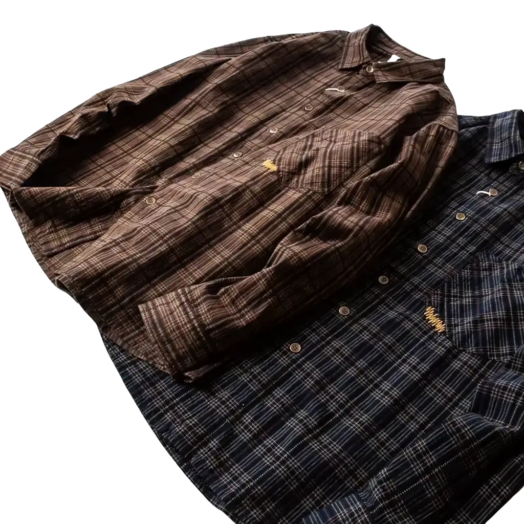 Men plaid embroidered cotton shirt featuring brown and black plaid with subtle gold embroidery on the pockets