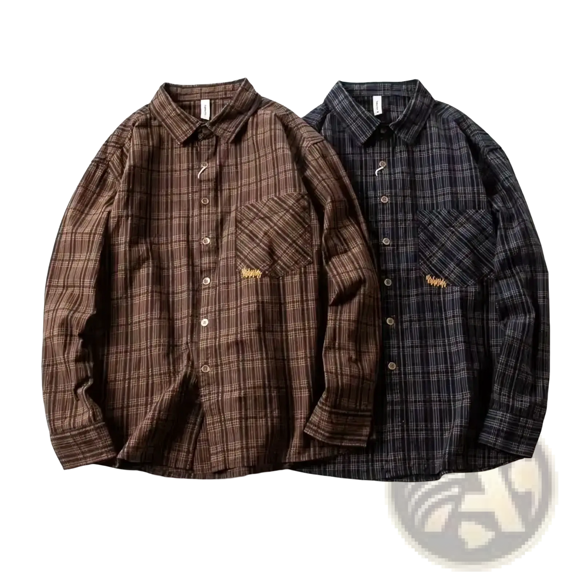 Men plaid embroidered cotton shirt in brown and black with long sleeves and chest pocket details