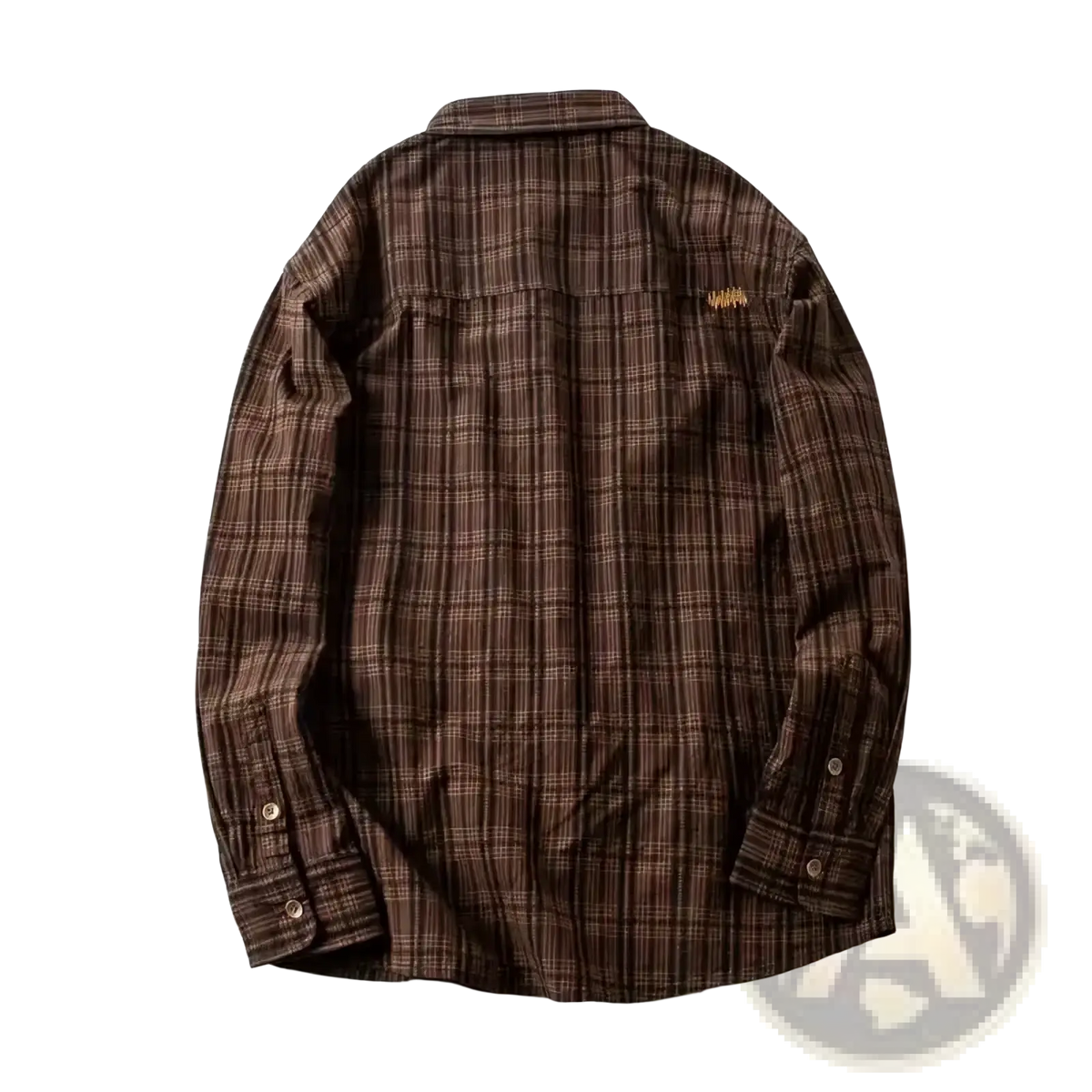 Men plaid embroidered cotton shirt featuring a brown long sleeve design with a subtle gold logo on the upper left sleeve