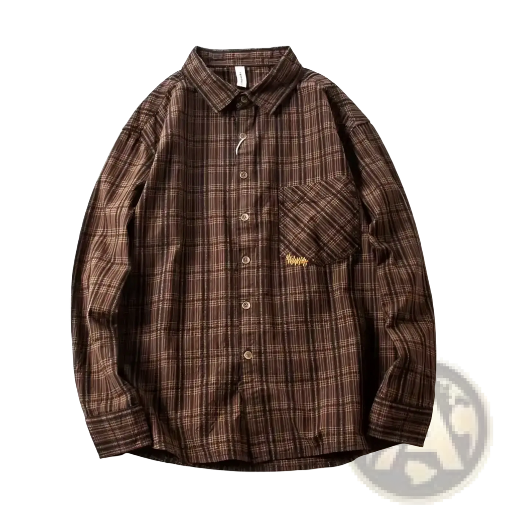 Brown plaid long-sleeve cotton shirt for men with subtle gold embroidered logo on chest pocket