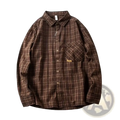 Brown plaid long-sleeve cotton shirt for men with subtle gold embroidered logo on chest pocket