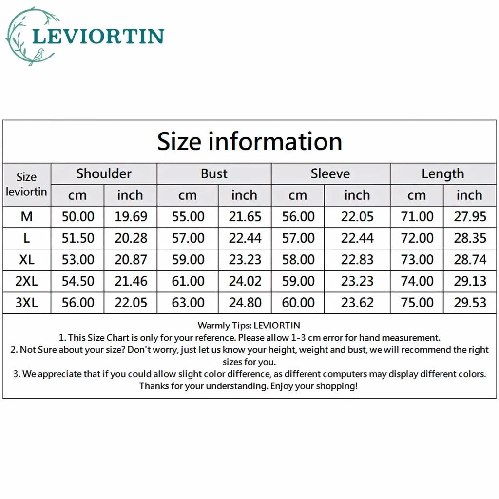 Leviortin size chart for men plaid embroidered cotton shirt showing measurements in cm and inches for sizes m to 3xl