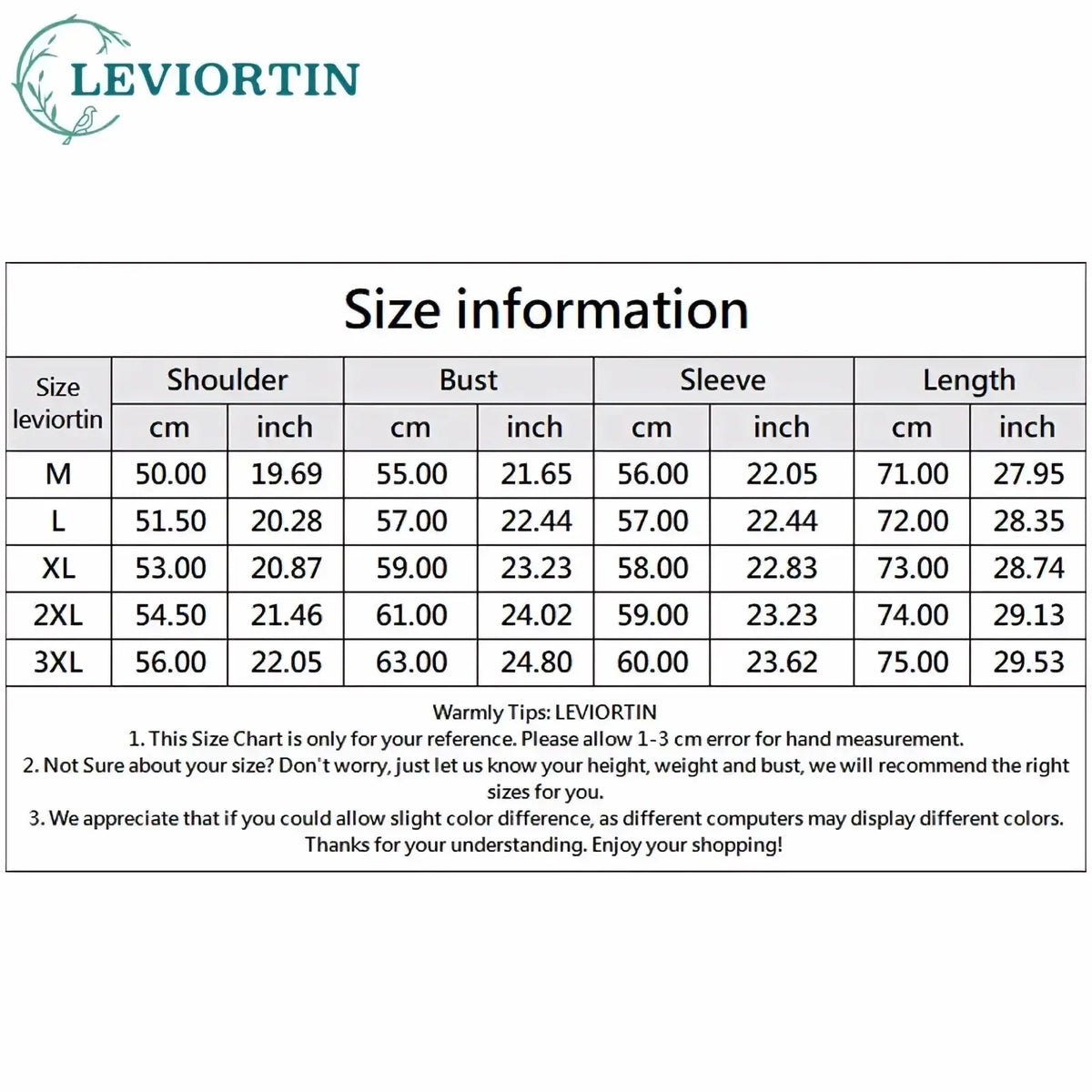 Leviortin size chart for men plaid embroidered cotton shirt showing measurements in cm and inches for sizes m to 3xl