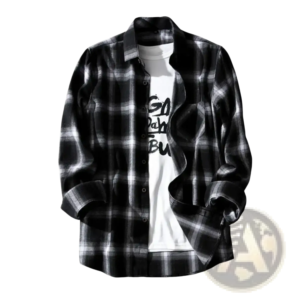 Men plaid flannel shirt oversized casual jacket in black and white plaid with button-down front made of flannel fabric