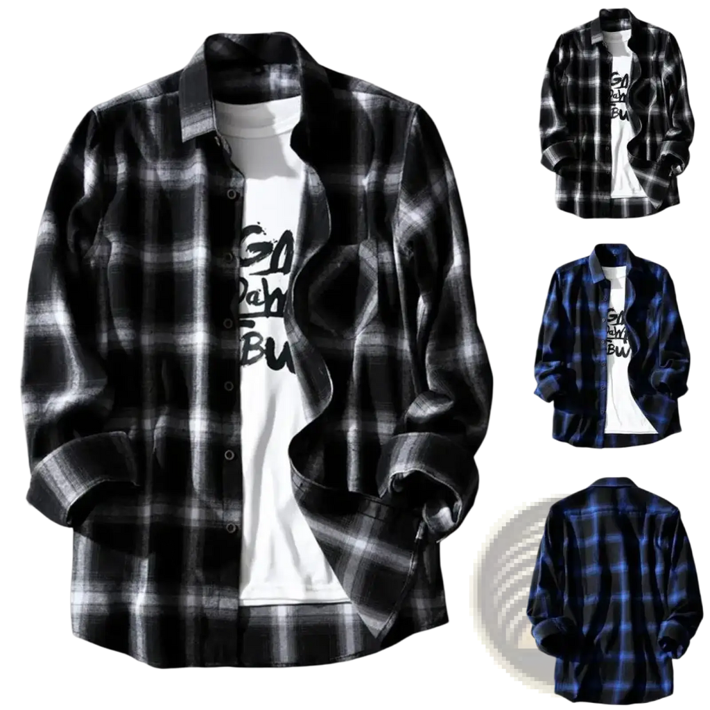 Men plaid flannel shirt oversized casual jacket in black and white with subtle texture and contrasting collar and cuffs
