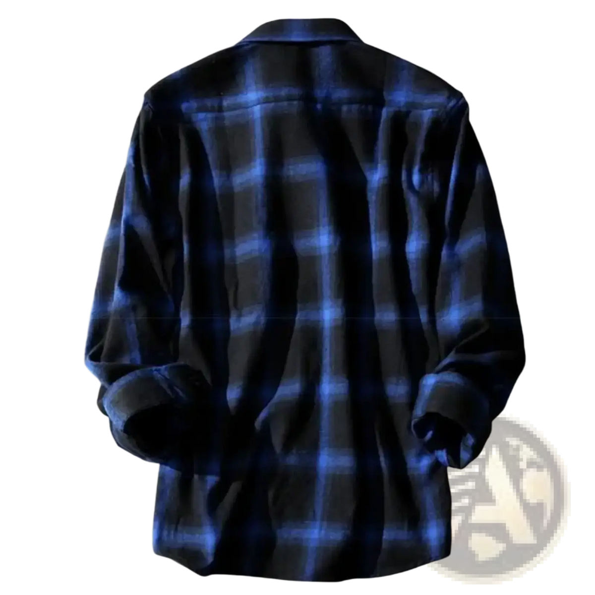 Men plaid flannel shirt oversized casual jacket in dark blue and black plaid with long sleeves and rolled-up cuffs